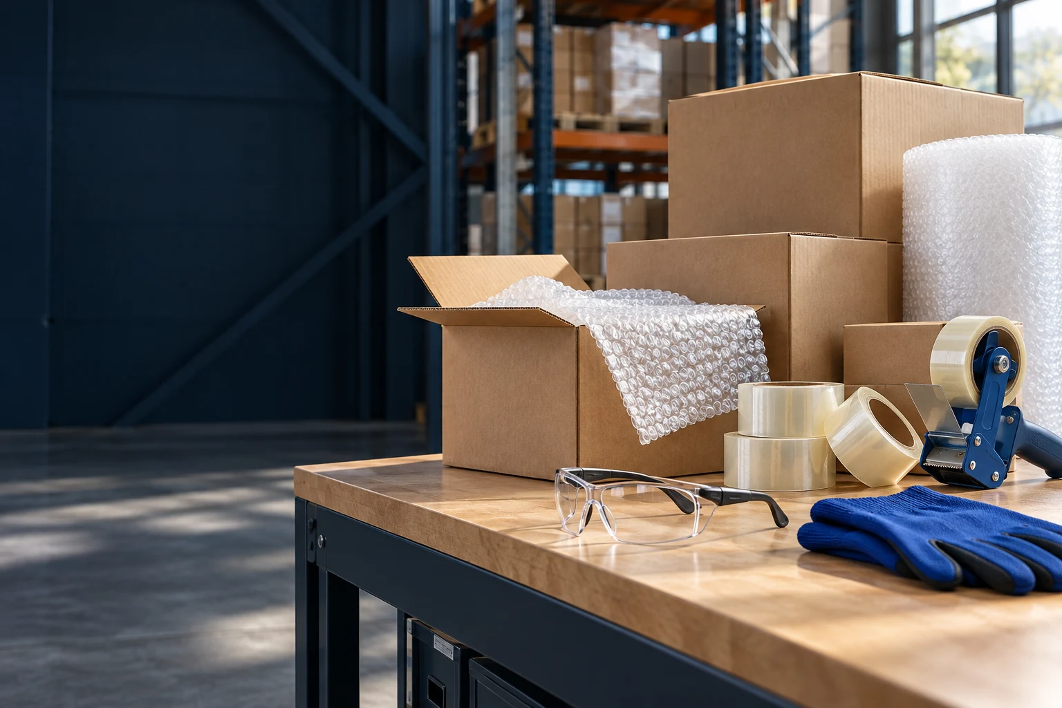 Shipping boxes, bubble cushioning, tape and safety glasses on an industrial packing bench